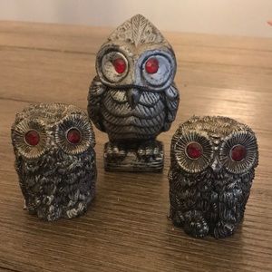 Vintage resin owls red eyes Italy and one plastic red eyed owl in armor